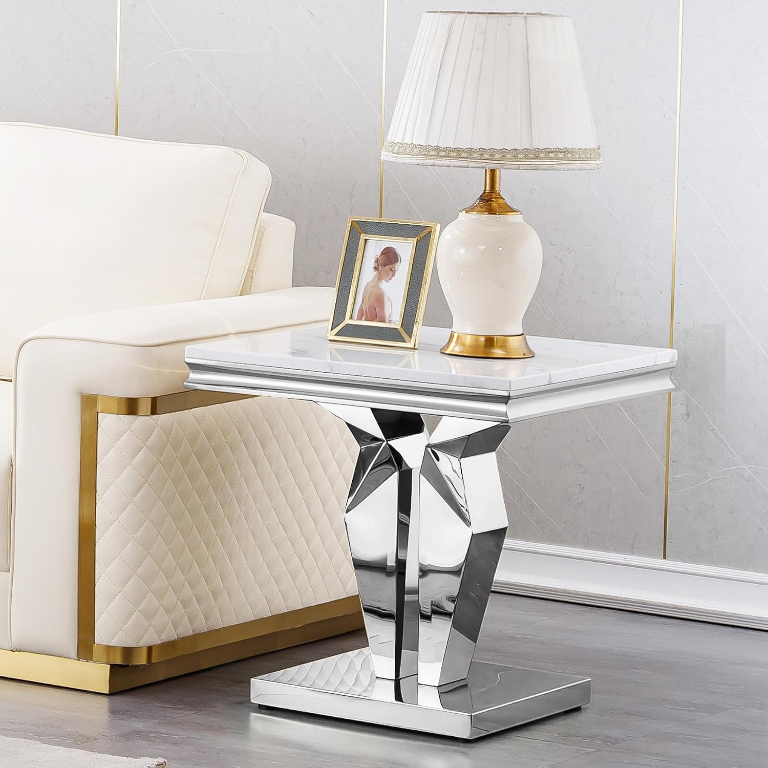 Modern Marble End Table, Sqaure Sofa Side Table with Silver Mirrored Stainless Steel Base Luxury White Faux Marble Accent End Table Bedside Table Nightstand for Living Room Bedroom