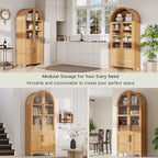 71" Tall Arched Kitchen Pantry Cabinet with Door Shelves, Farmhouse Storage Cabinet with Open & Adjustable Shelves, Hidden Drawer & Glass Door, Cupboard for Kitchen, Dining Room (Natural)