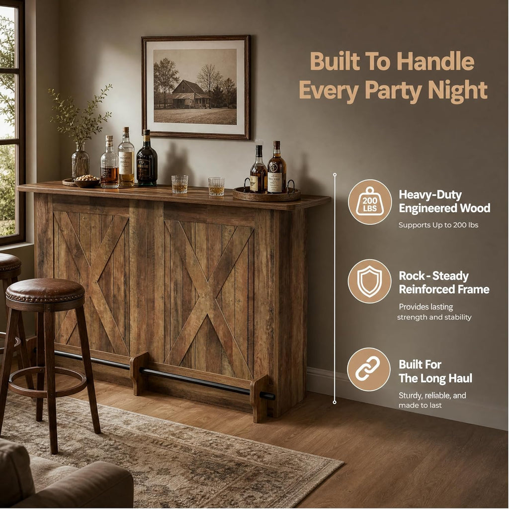 Tribesigns 63" Wooden Bar Table, Farmhouse Home Bar Unit with 2-Tier Storage Shelves and Metal Footrest, Small Bar Cabinet for Kitchen, Dining Room, Bistro (Brown)