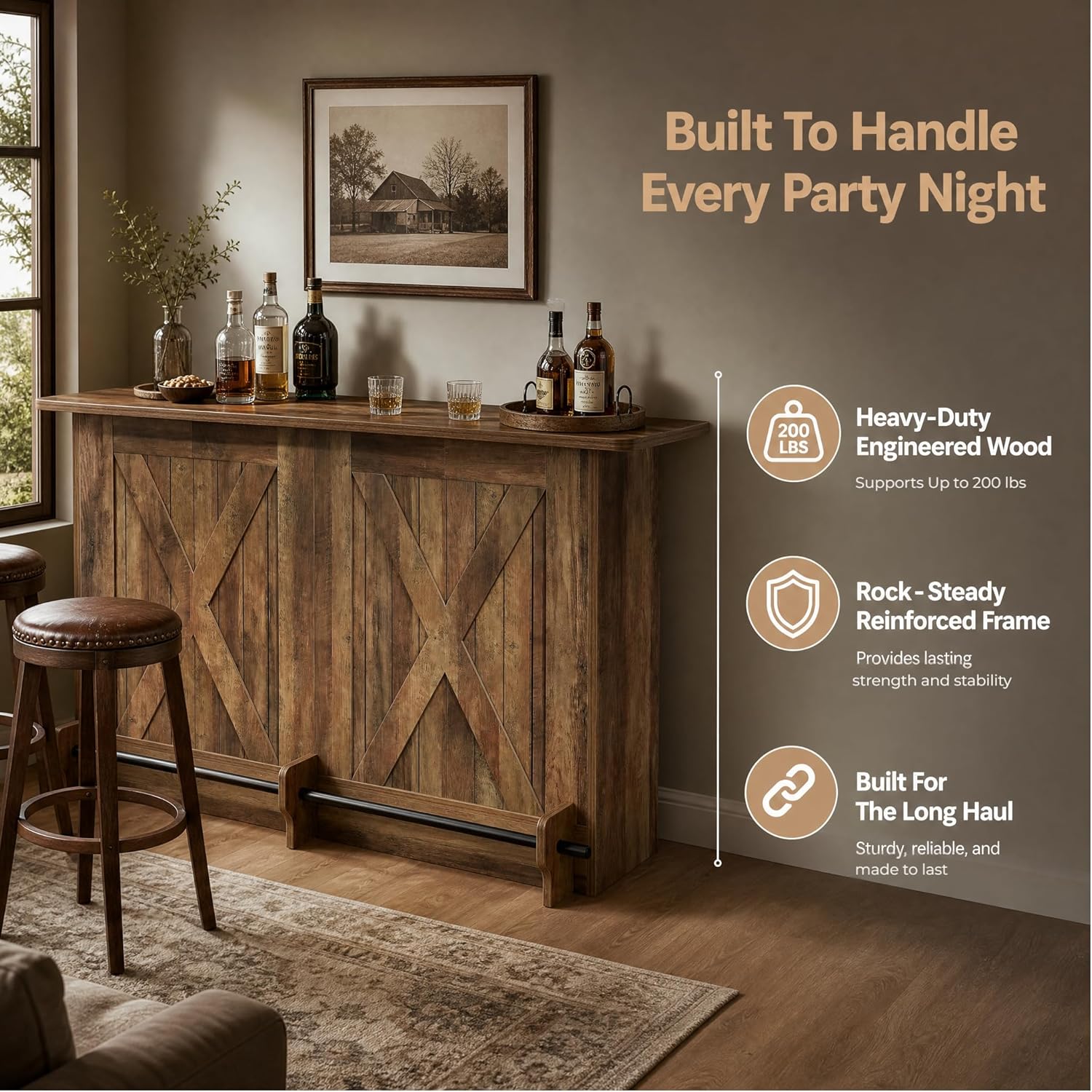 Tribesigns 63" Wooden Bar Table, Farmhouse Home Bar Unit with 2-Tier Storage Shelves and Metal Footrest, Small Bar Cabinet for Kitchen, Dining Room, Bistro (Brown)