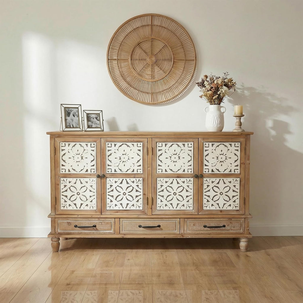 LKTART 59" French Country Vintage Sideboard Buffet Cabinet with Embossed Floral Metal Doors and Solid Wood Frame, Retro Storage Cabinet for Kitchen, Living Room,Natural Wood