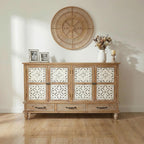 LKTART 59" French Country Vintage Sideboard Buffet Cabinet with Embossed Floral Metal Doors and Solid Wood Frame, Retro Storage Cabinet for Kitchen, Living Room,Natural Wood