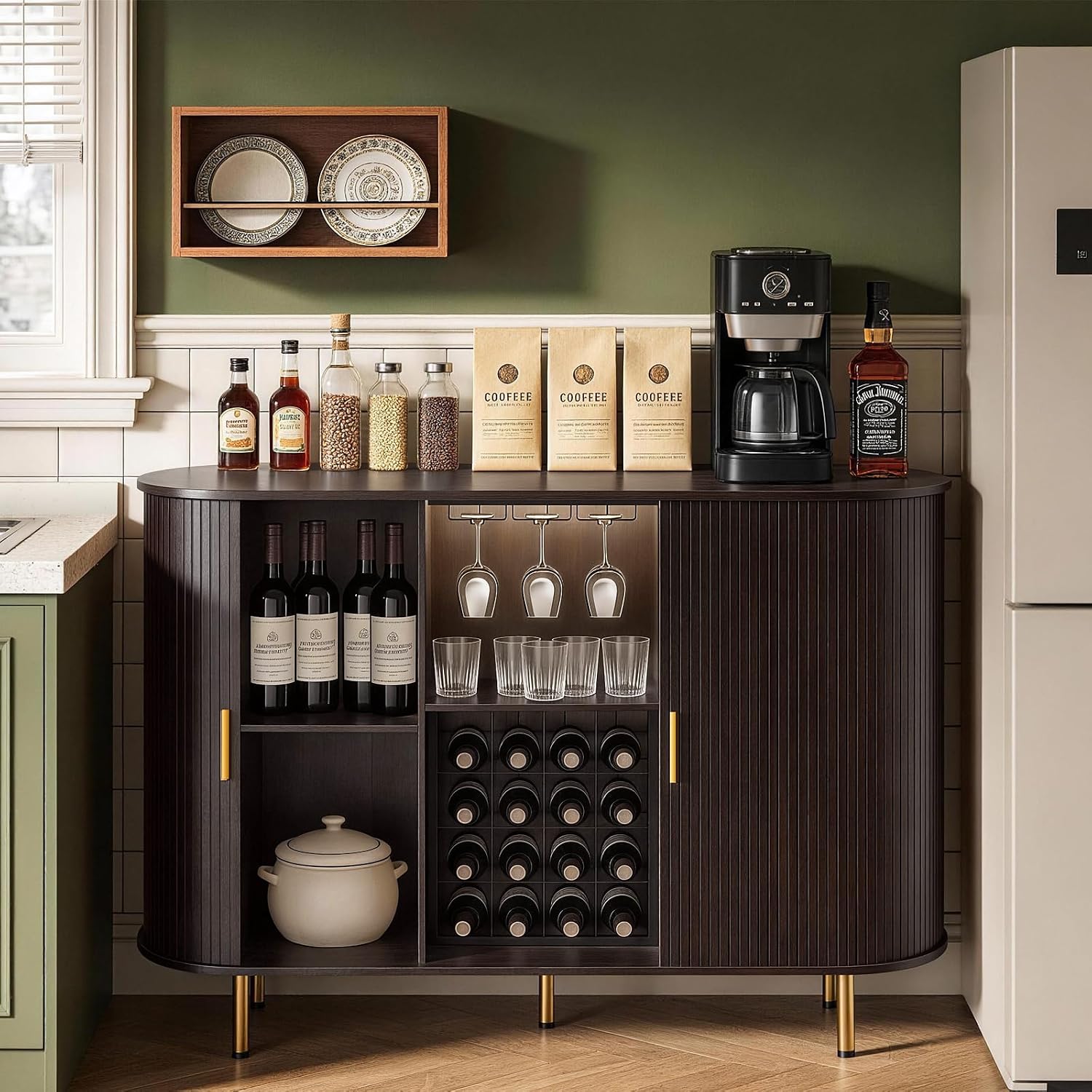 DHH 55" Wine Bar Cabinet with Storage, Fluted Liquor & Coffee Bar Cabinet with Wine Rack and Glass Holder, Buffet Sideboard with LED Lights for Home Kitchen Living Dining Room (Dark Walnut)