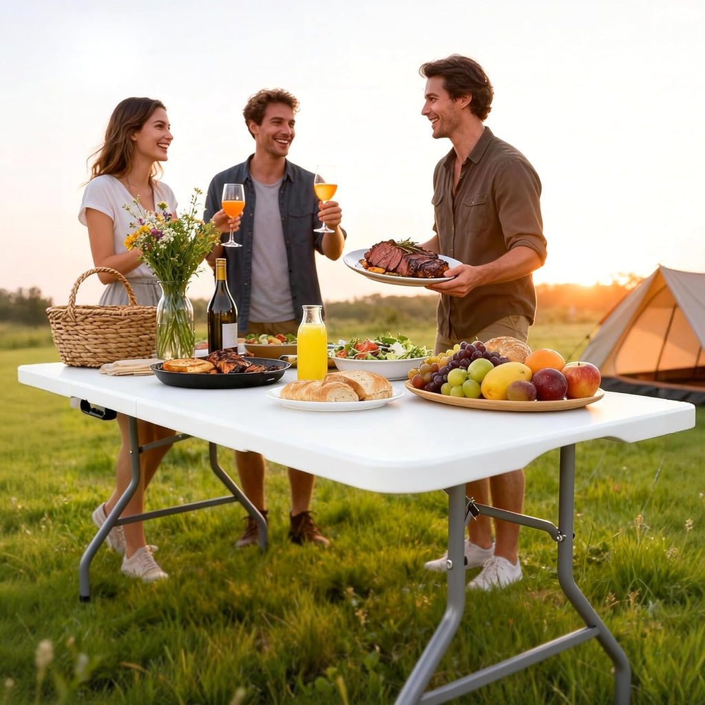 Folding Table 6FT 350 LBS Heavy Duty Foldable Table with 18% Thicker HDPE Waterproof Top, Portable Fold in Half with Handle, Reinforced Steel Frame for Indoor Outdoor Party Events
