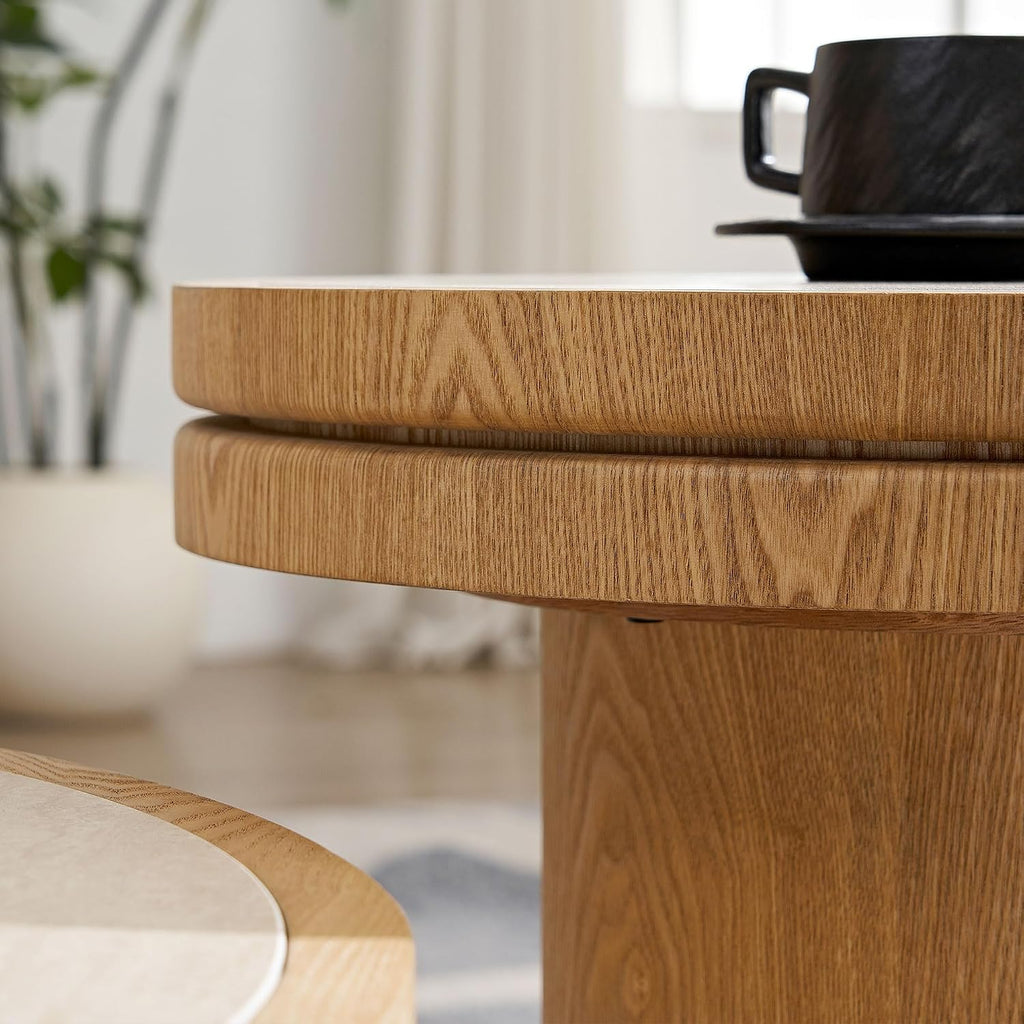 Round End Table Modern Side Table with Sintered Stone Top & Natural Wood Grain, Pedestal Accent Table for Living Room Bedroom Small Spaces, Oak