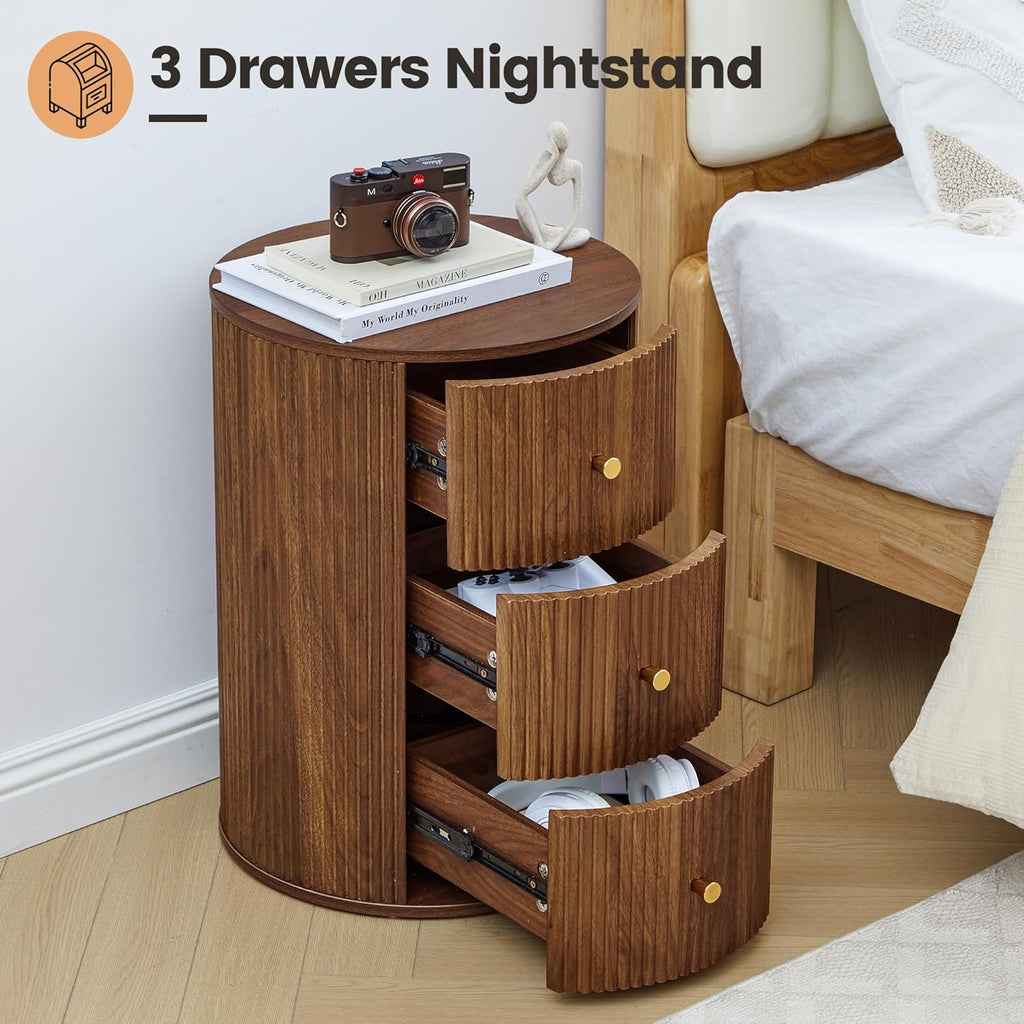 FurSch Fully Assembled Round End Table with 3 Storage Drawers, 15.75”Mid Century Side Table for Living Room, 3 Drawers Nightstand for Bedroom, Circle Sofa Bedside Table (Walnut-Round, 1 PC)