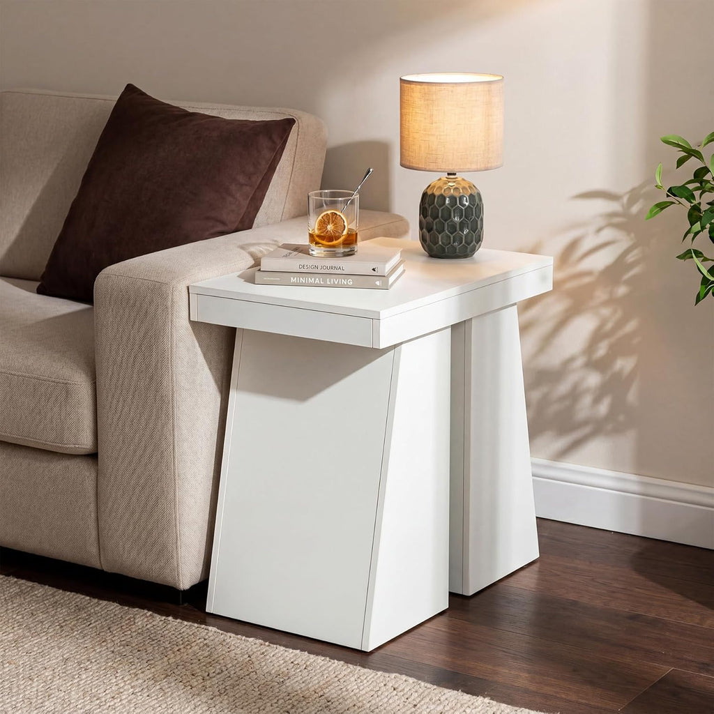 LITTLE TREE End Table for Couch, 24" Large Wooden End Table with Trapezoid Base, Tall Wood Sofa Side Table, Farmhouse Nightstand for Bedroom, Living Room, White