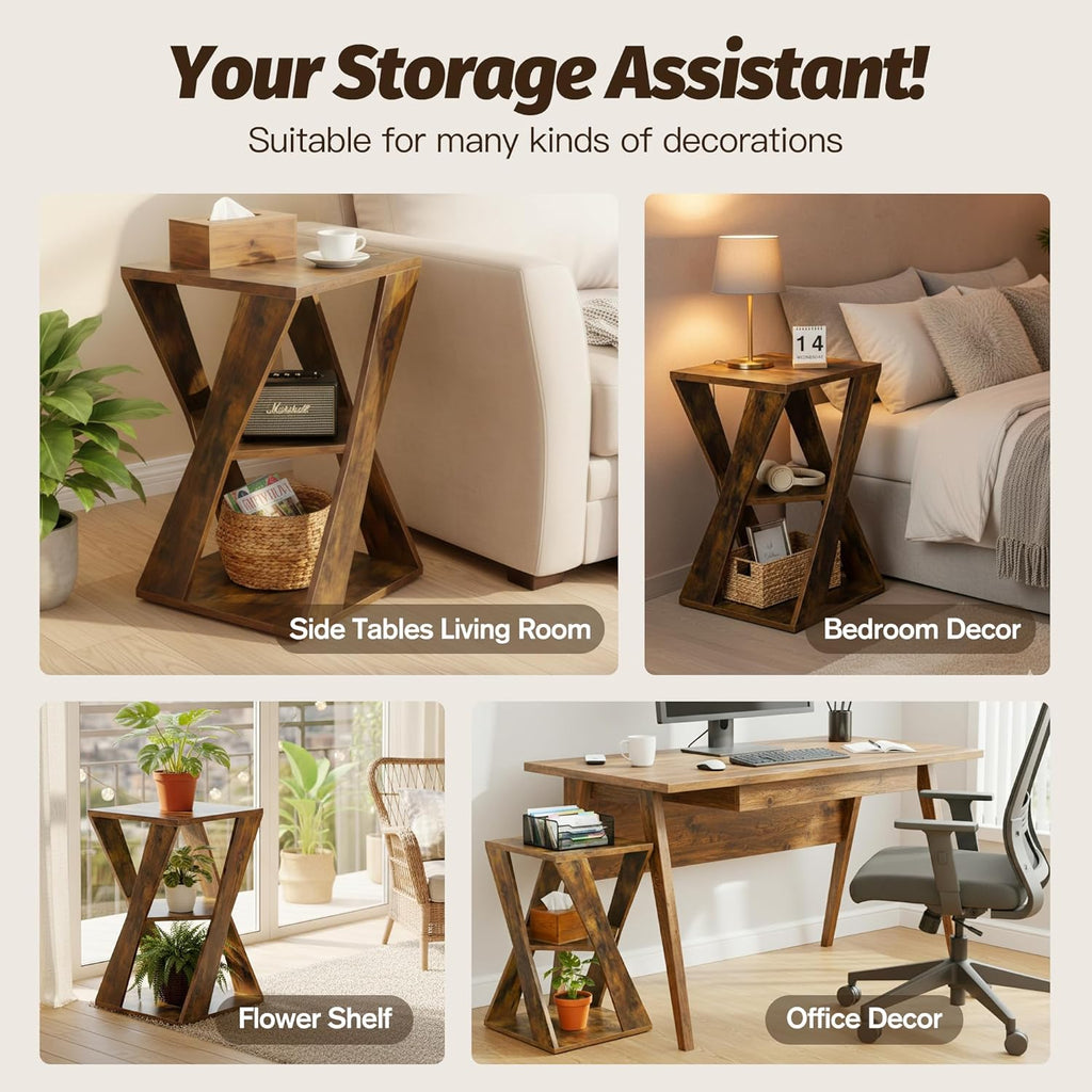 End Table Modern Wooden Side Table, Nightstand for Small Spaces, End Table for Living Room, Bedroom Nightstand, Office, Bathroom (Rustic Brown+Classic Black)