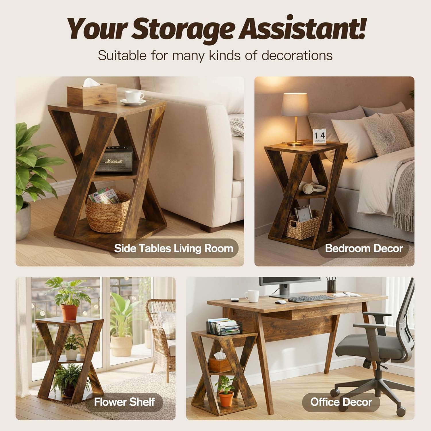 End Table Modern Wooden Side Table, Nightstand for Small Spaces, End Table for Living Room, Bedroom Nightstand, Office, Bathroom (Rustic Brown+Classic Black)