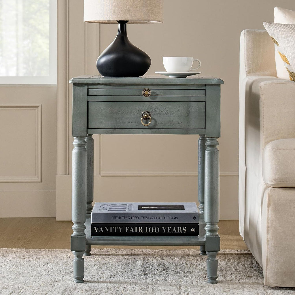 HULALA HOME Small End Table with Charging Station, Solid Wood Side Table with a Drawer & Open Shelf, Vintage Finish, Spindle Legs(Blue)