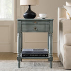 HULALA HOME Small End Table with Charging Station, Solid Wood Side Table with a Drawer & Open Shelf, Vintage Finish, Spindle Legs(Blue)