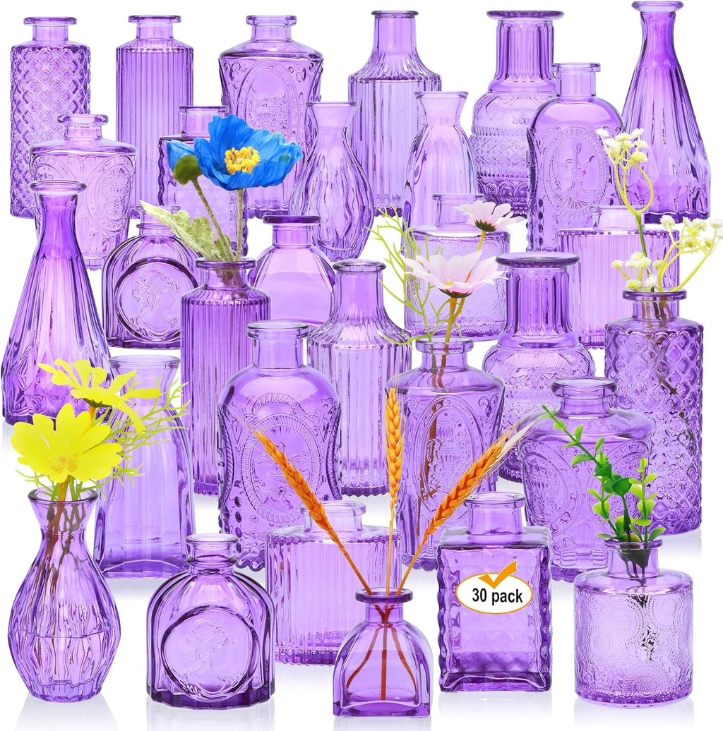 Glass Bud Vase Set of 30,Small Glass Vases for Flowers,Vintage Purple Bulk Mini Glass Vases for Table Centerpieces,Wedding,Candle Holder,Floral Arrangement