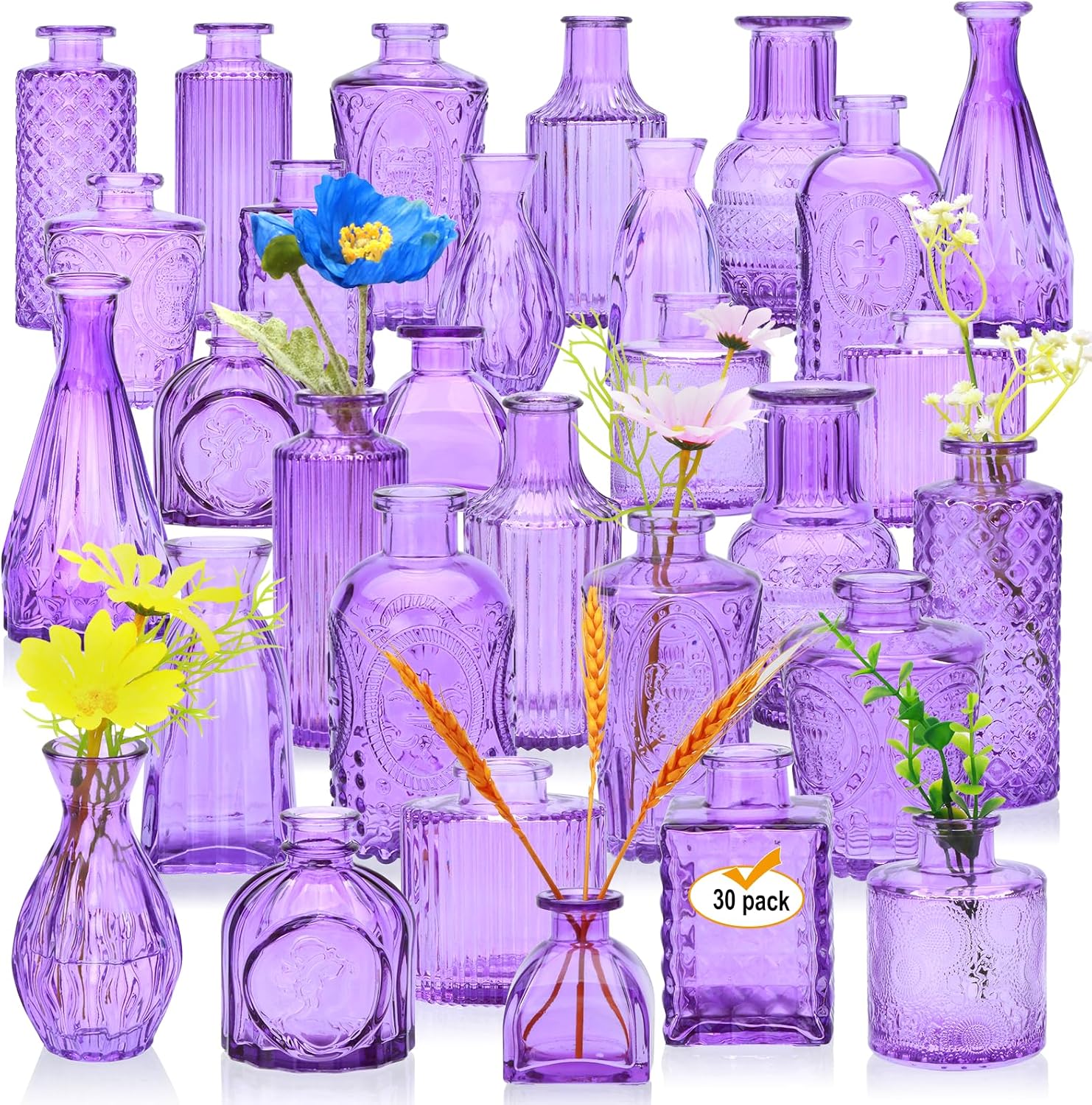 Glass Bud Vase Set of 30,Small Glass Vases for Flowers,Vintage Purple Bulk Mini Glass Vases for Table Centerpieces,Wedding,Candle Holder,Floral Arrangement