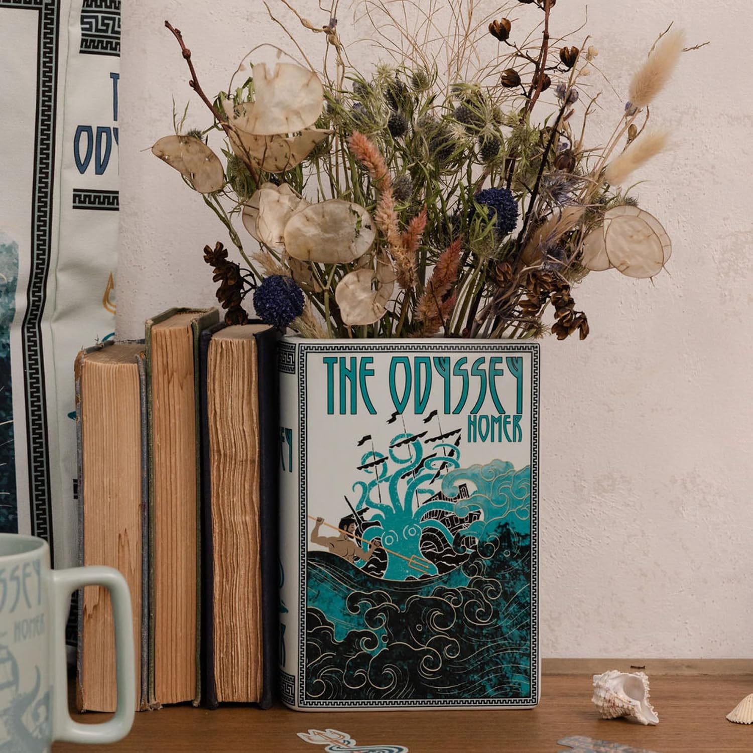Steel Mill & Co. Ceramic Book-Shaped Vase, The Odyssey | Large Decorative Vase for Book Lovers, Vintage Inspired Bookshelf Decor, Unique, Novelty Ceramics