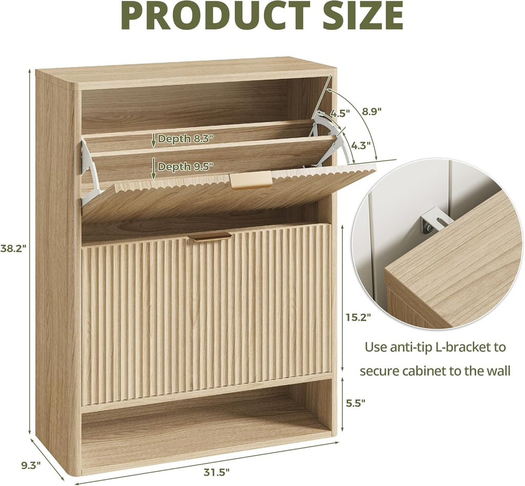 IRONCK Fluted Shoe Storage Cabinet for Entryway with 2 Flip Drawers, Adjustable Shelves & Open Shelf, Narrow Wood Shoe Rack Cabinet, Freestanding Slim Shoe Organizer Cabinet, Oak