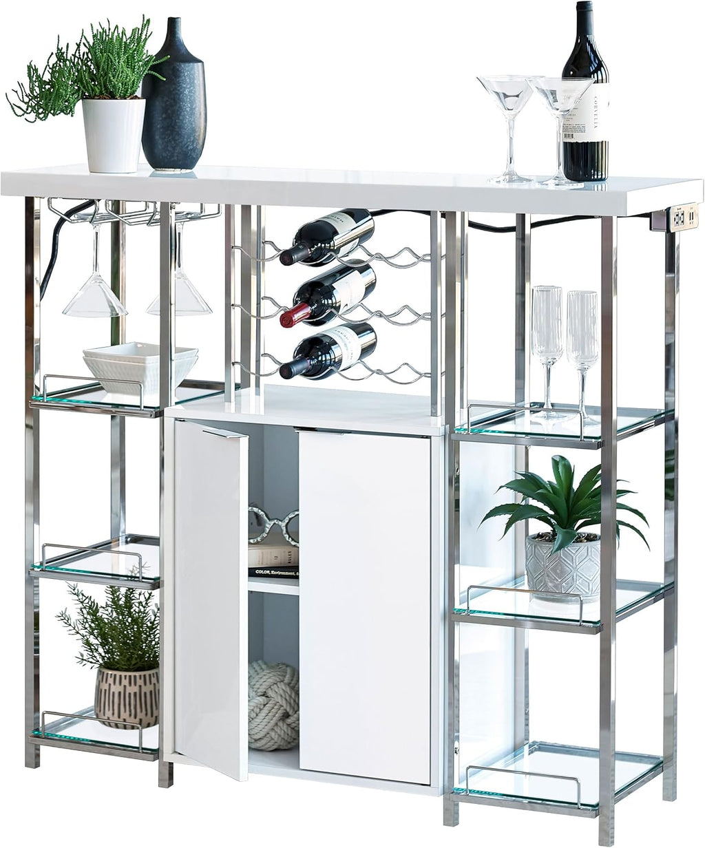 Coaster Home Furnishings - Gallimore - Wood & Metal - 2-Door Bar Cabinet with Bottle Rack, Stemware Rack and Built-in Power Outlet - Dining Room & Home Bar - White - 182757