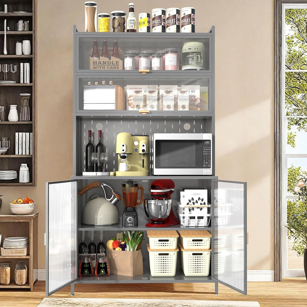 73" Tall Kitchen Pantry Cabinet, 6-Level Metal Storage with Flip Door, Pegboard, Microwave Shelf & Anti-Tip Design for Kitchen, Dining Room, Living Room,Grey