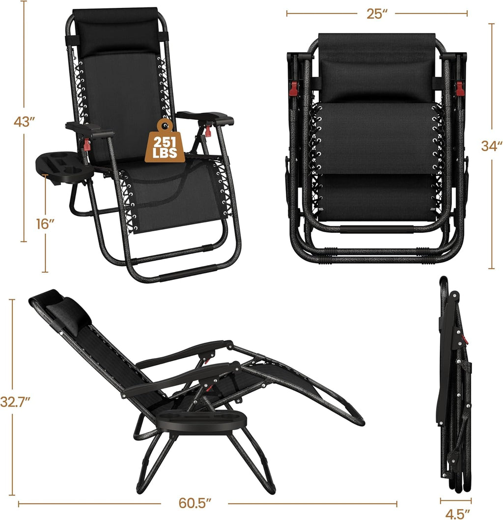 Yaheetech 26" Zero Gravity Recliners Outdoor Adjustable Folding Reclining Lounge Chairs w/Pillows, Cup Holder Trays and Carry Strap for Patio Backyard Beach Black Set of 2