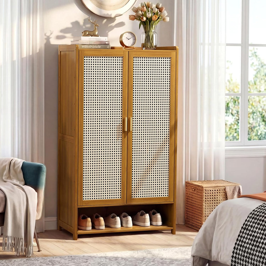 Shoe Cabinet with Doors, 7-Tier Bamboo Shoe Storage Cabinet for Entryway, Freestanding Shoe Rack Cabinet for Hallway Apartment, 43" Tall Modern Farmhouse Style, Holds 24 Pairs，Brown