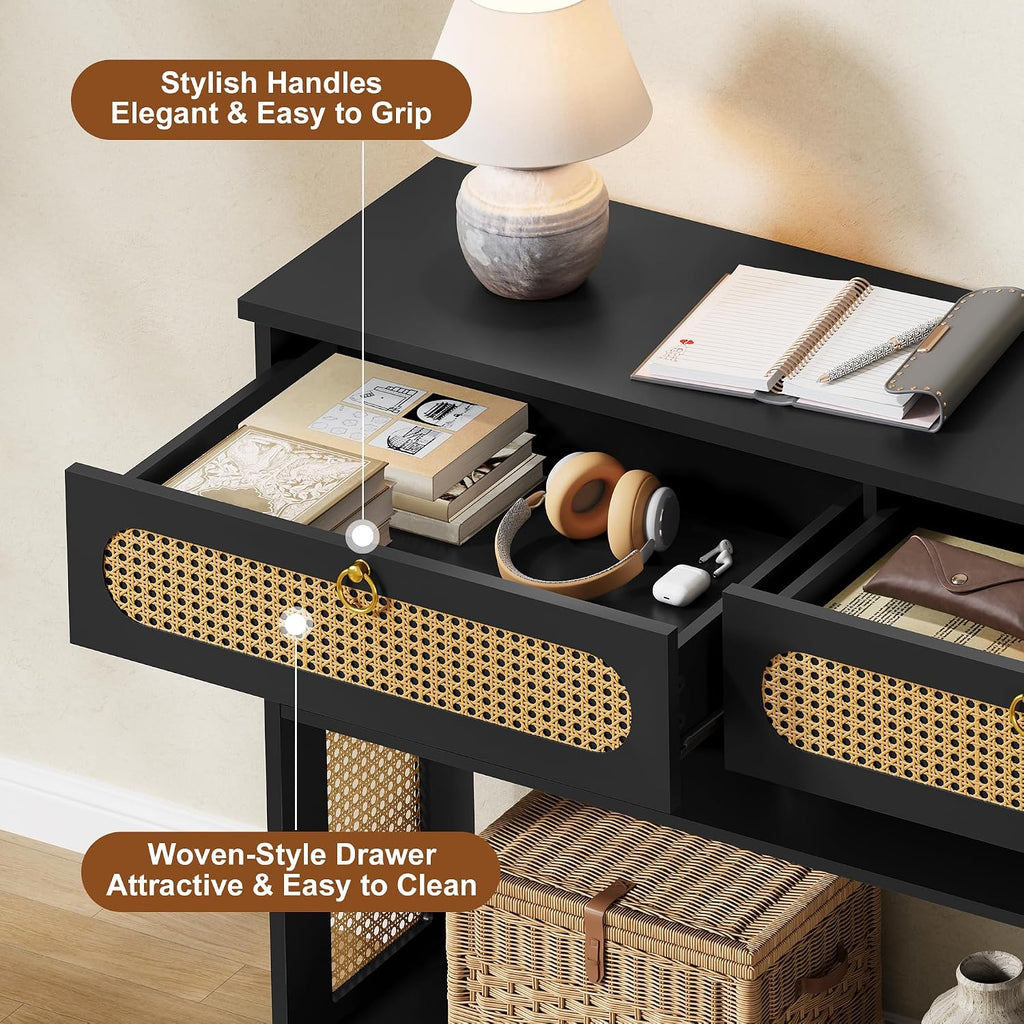 Hoctieon Rattan Console Table with 2 Drawers, 3-Tier Boho Woven Entryway Table with Back Panel and Open Storage Shelf, 40" Wood Narrow Long Sofa Tables for Hallway, Foyer, Living Room, Black