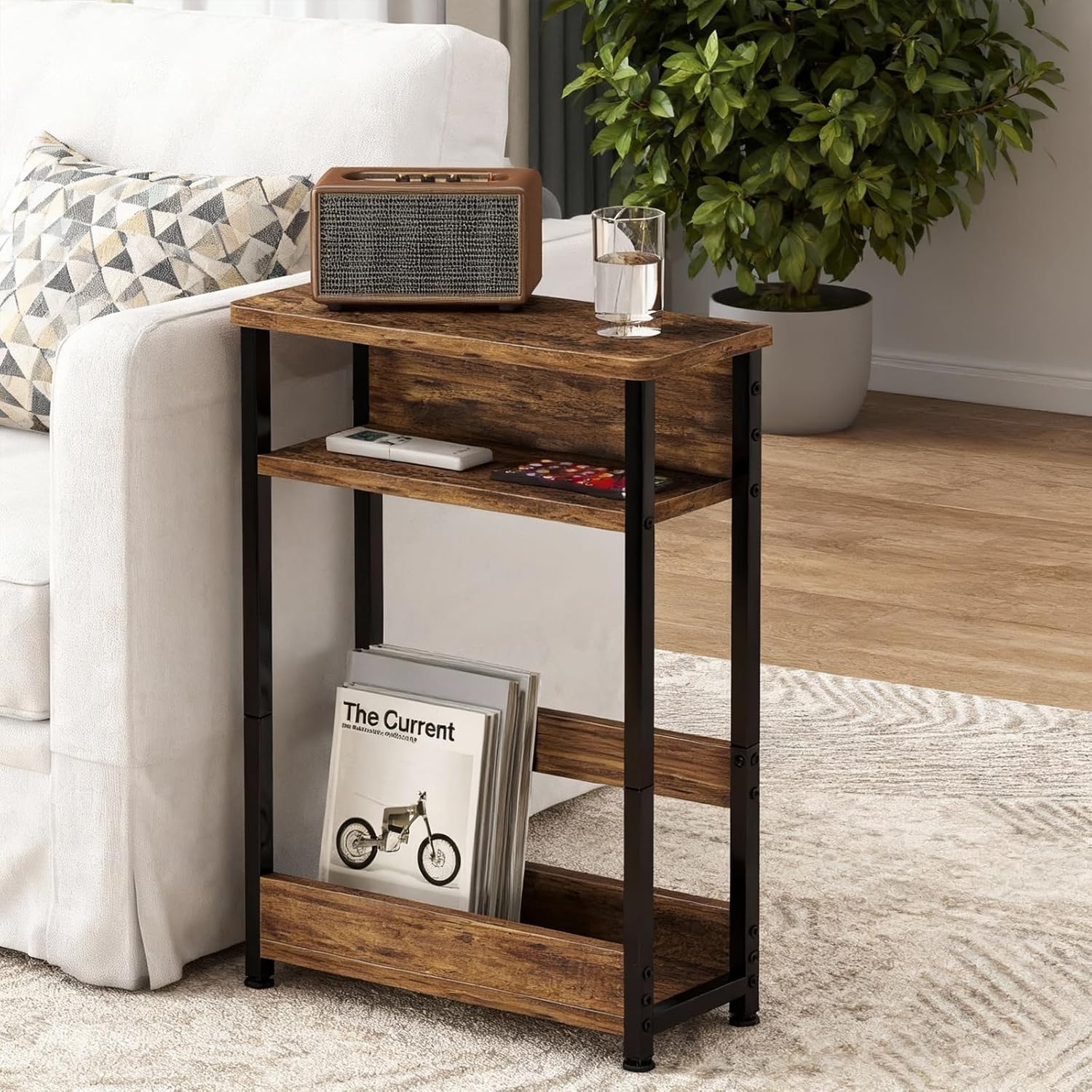 Garvee Narrow Side Table, 3-Tier Slim End Table with Storage Shelf, Modern Sofa Thin Side Tables for Narrow and Small Spaces, Skinny Bedside Tables Nightstand with Magazine Rack Space Saving Brown
