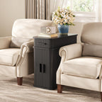 Side End Table with Charging Station, Slim Nightstand with Drawer, Mid-Century Wood Skinny Bedside Table with Storage, Narrow Side Tables for Small Space Living Room Bedroom Office Sofa Couch Black
