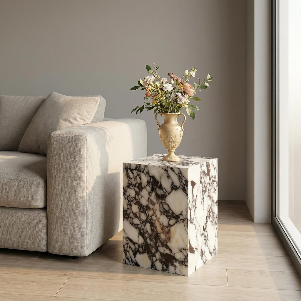 Natural Calacatta Viola Marble Side Table, 11.8" Square End Table for Living Room and Bedroom, Luxury Real Stone Nightstand, Heavy Duty Small Coffee Table, No Assembly Required, 19.6" Height