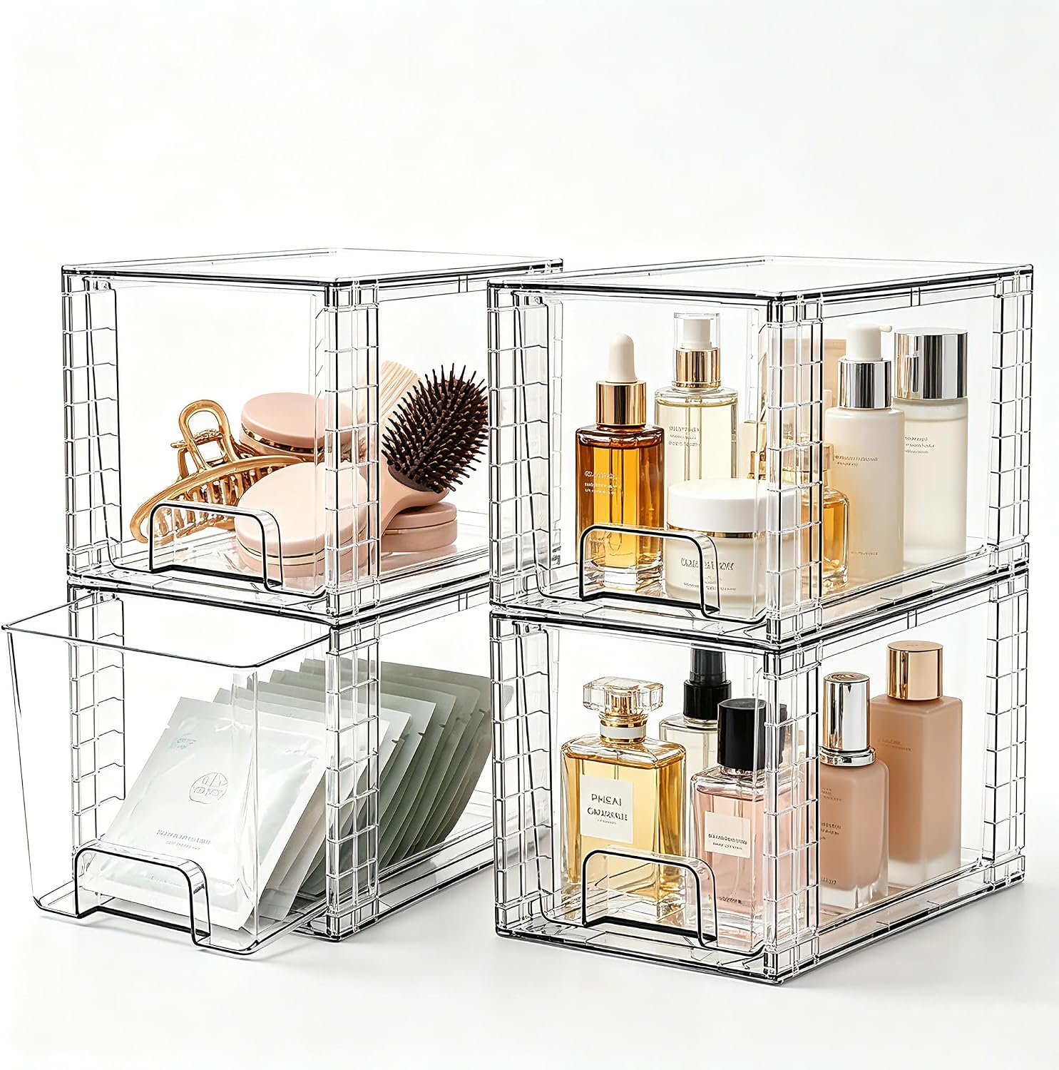 4 Pack Stackable Acrylic Storage Drawers – Clear Plastic Organizer Bins, Easy to Assemble, Suitable for Bathroom, Undersink, Kitchen, Pantry, Makeup, Medicine Organization