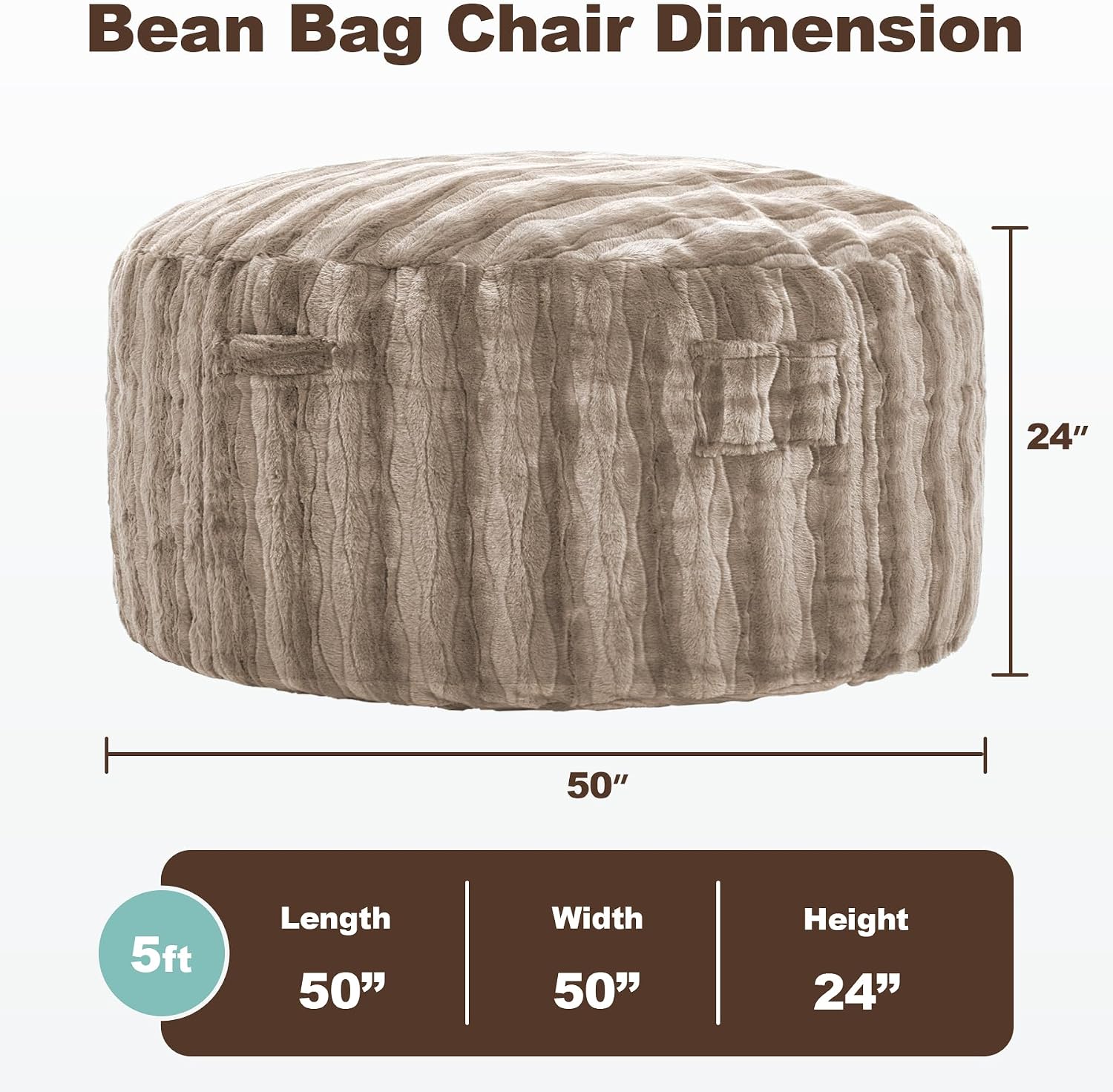 fond + found Adult Bean Bag Chairs 5FT Large Lounger, Wave Cover, Brown | Portable Handle, Removable and Washable Cover, Memory Foam Filled, Relaxing, Reading, Large, Soft Wave Pattern Plush Fabric