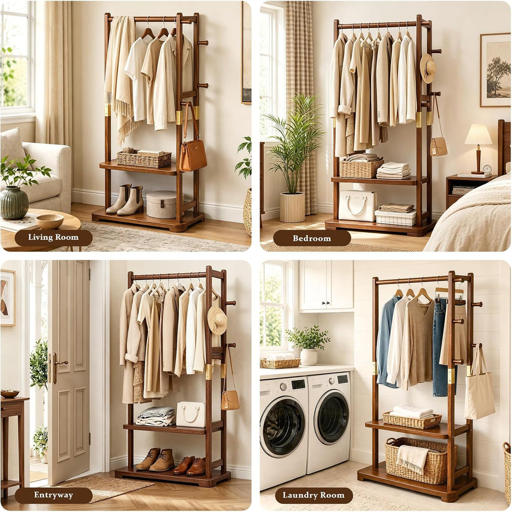Freestanding Coat Rack Solid Wood with 2 Shelves & 5 Hooks, Heavy Duty Hall Tree for Hanging Clothes, Hats & Accessories – Hallway Bedroom Storage
