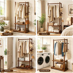 Freestanding Coat Rack Solid Wood with 2 Shelves & 5 Hooks, Heavy Duty Hall Tree for Hanging Clothes, Hats & Accessories – Hallway Bedroom Storage