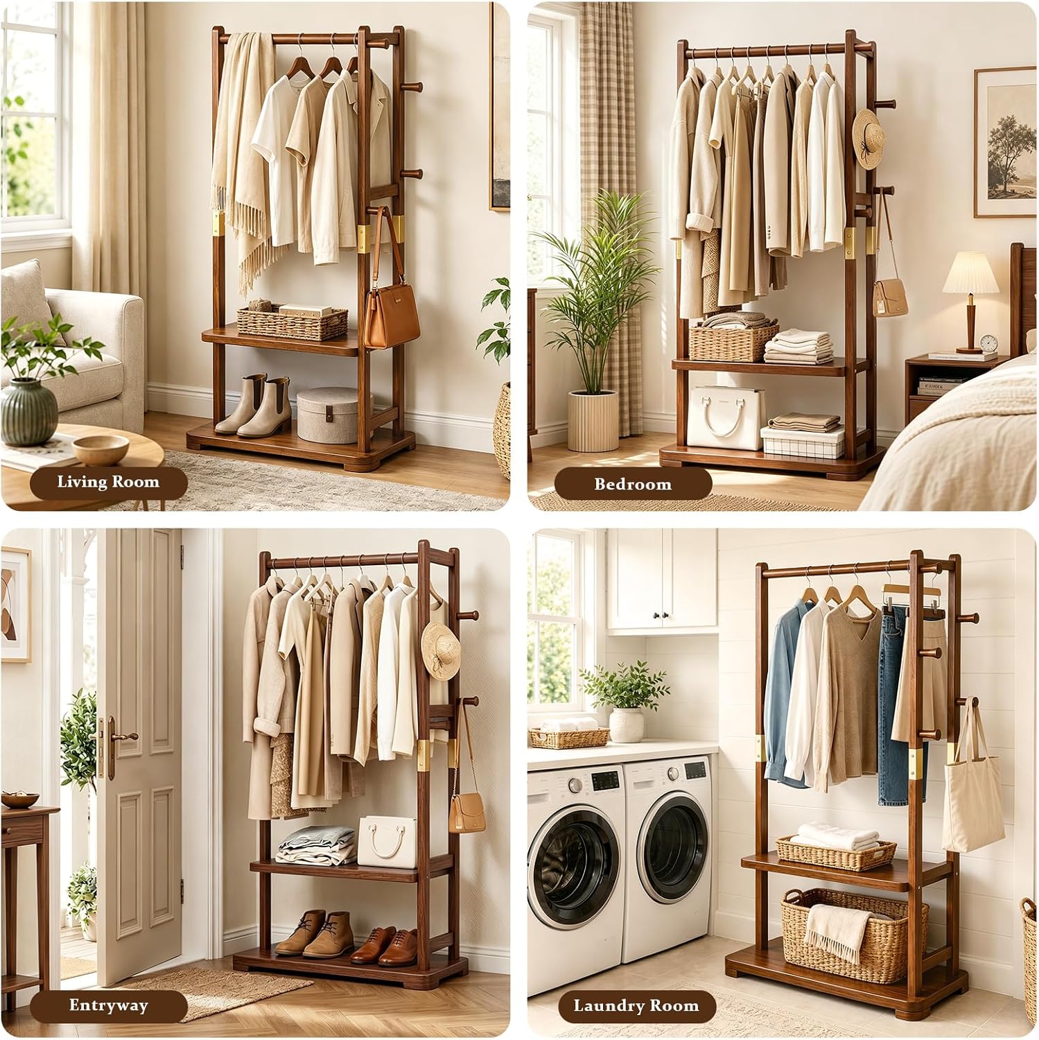 Freestanding Coat Rack Solid Wood with 2 Shelves & 5 Hooks, Heavy Duty Hall Tree for Hanging Clothes, Hats & Accessories – Hallway Bedroom Storage