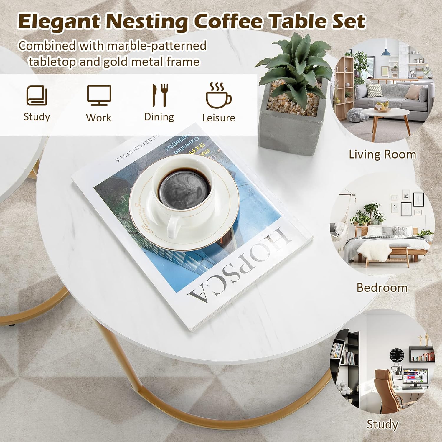 Giantex Modern Nesting Coffee Table Set of 2, Coffee Table & End Table Sets, Golden Steel Frame, Easy Assembly, Accent Marble-Look Stacking Side Table for Living Room Bedroom Apartment (Gold)