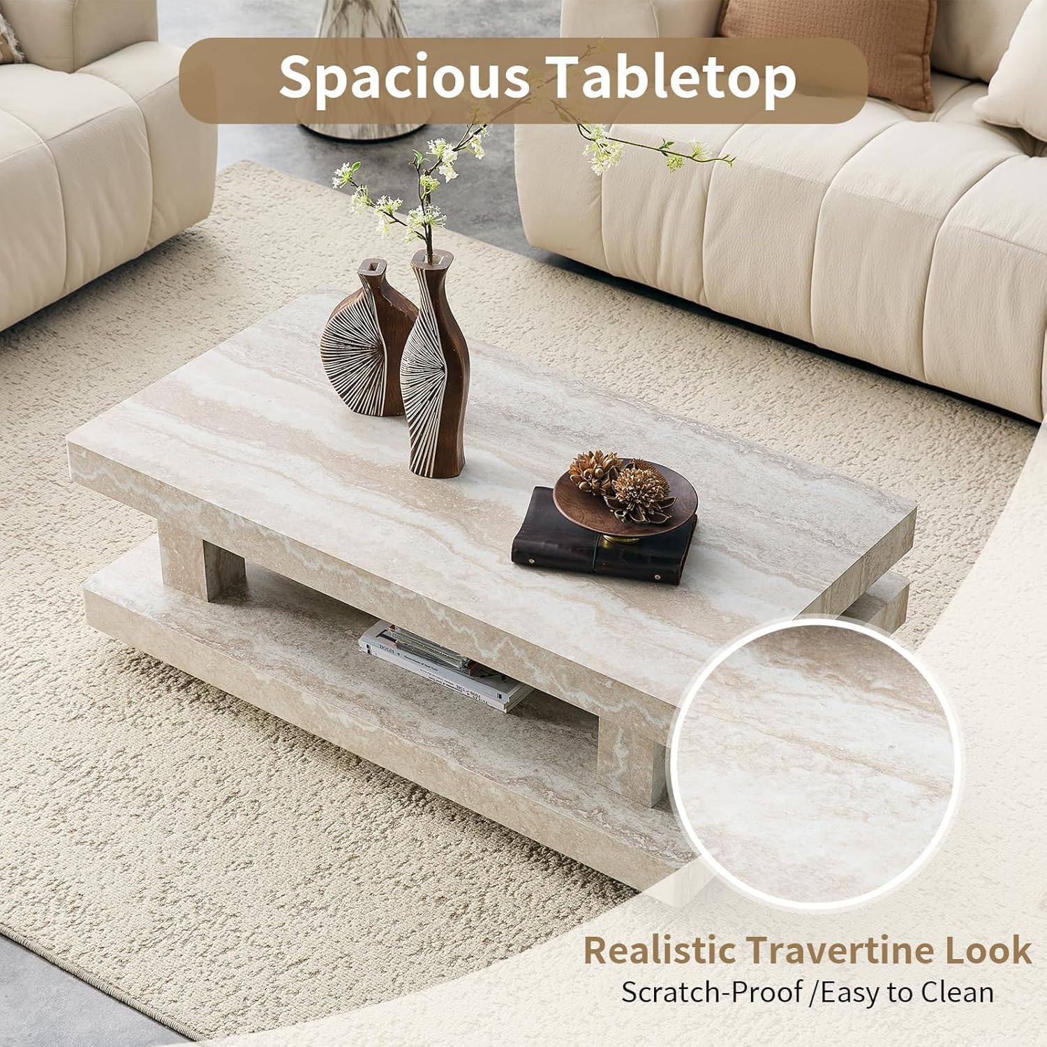 LKTART 43.3" Coffee Table, 2-Tier Stone Travertine Pattern Center Table with Open Storage, Mid Century Rectangular Wood Tea Table for Living Room, Bedroom, Office