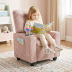 INFANS Kids Recliner, Toddler Lounge Chair with Adjustable Backrest Footrest Cup Holder Side Pockets, Velvet Leather Toddler Couch