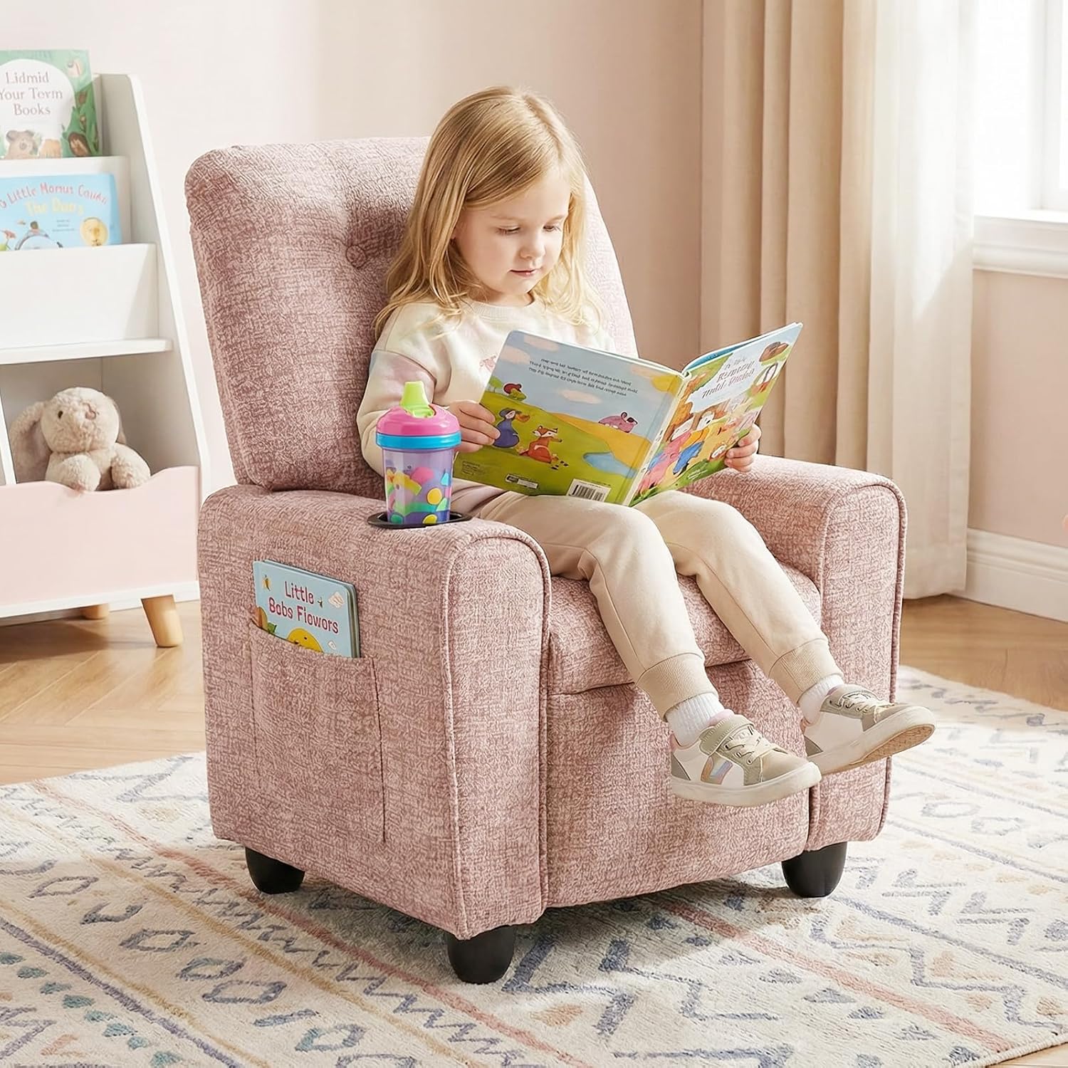 INFANS Kids Recliner, Toddler Lounge Chair with Adjustable Backrest Footrest Cup Holder Side Pockets, Velvet Leather Toddler Couch