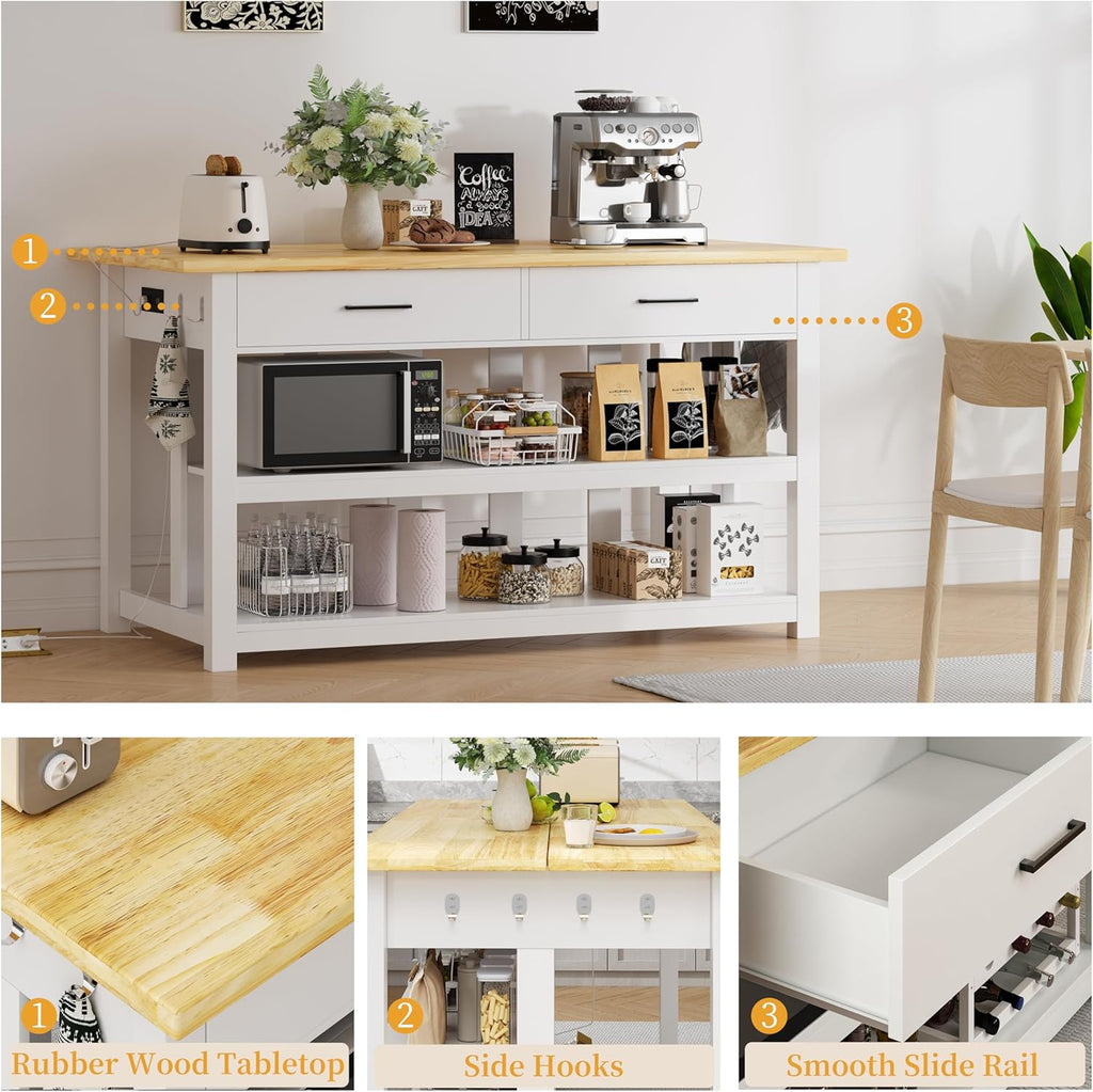 DynJest 47.3" Solid Rubberwood Kitchen Island with Power Outlets - Extra Large Work Surface, 2 Drawers & Open Shelves Storage Cabinet for Kitchen Dining Room, Farmhouse Style (White)
