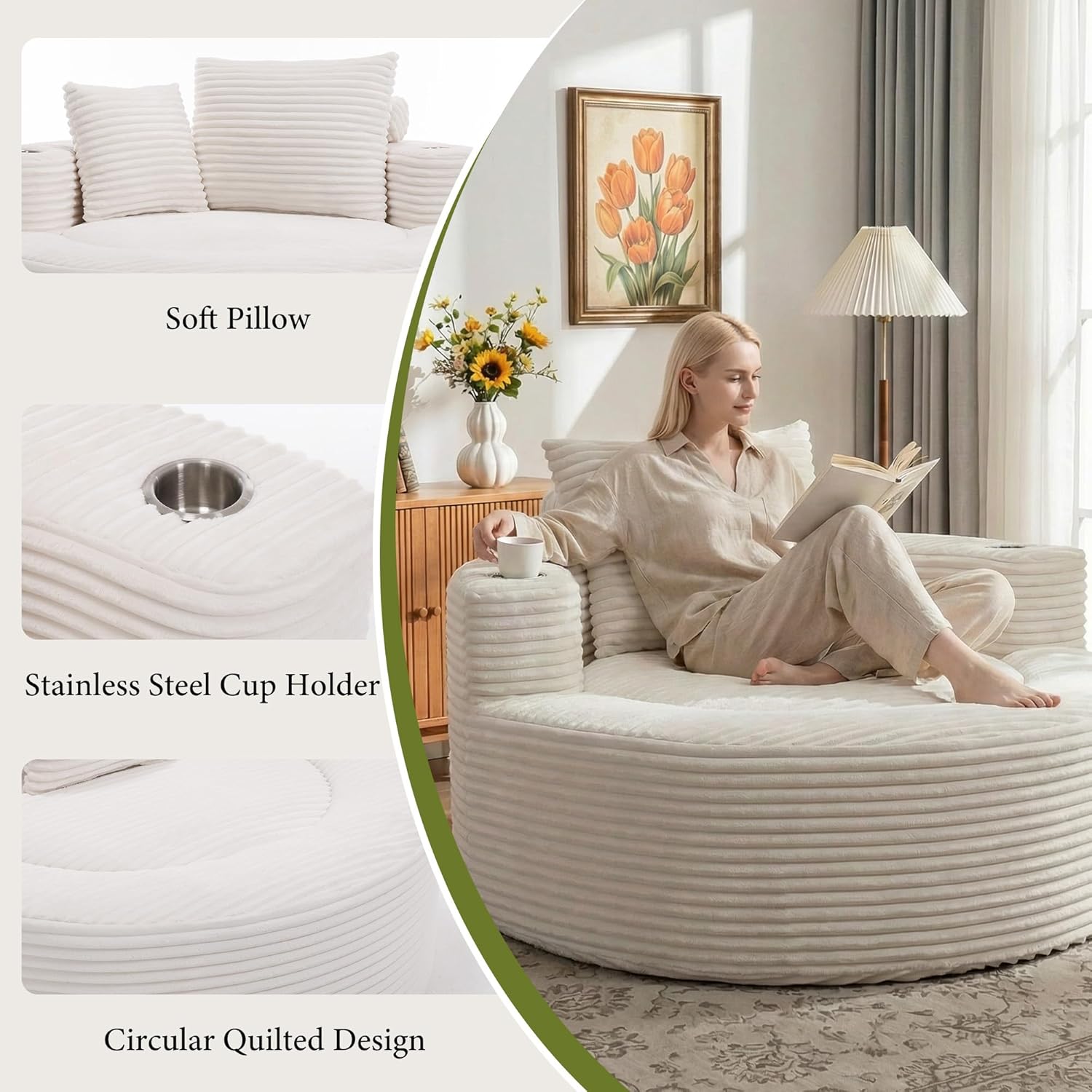 55.5" Oversized Round Chaise Lounge Chair Indoor with Stainless Steel Cup Holders, Modern Upholstered Corduroy Cloud Boneless Chair, Deep Seat Circle Floor Sofa for Living Room, No Assembly