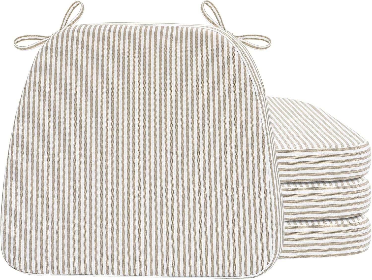 AAAAAcessories D-Shaped Chair Cushions, 2" Thick Dining Chair Pads with Ties and Removable, Machine-Washable Cover, 17" x 16", Set of 4, Natural Sand Pinstripe