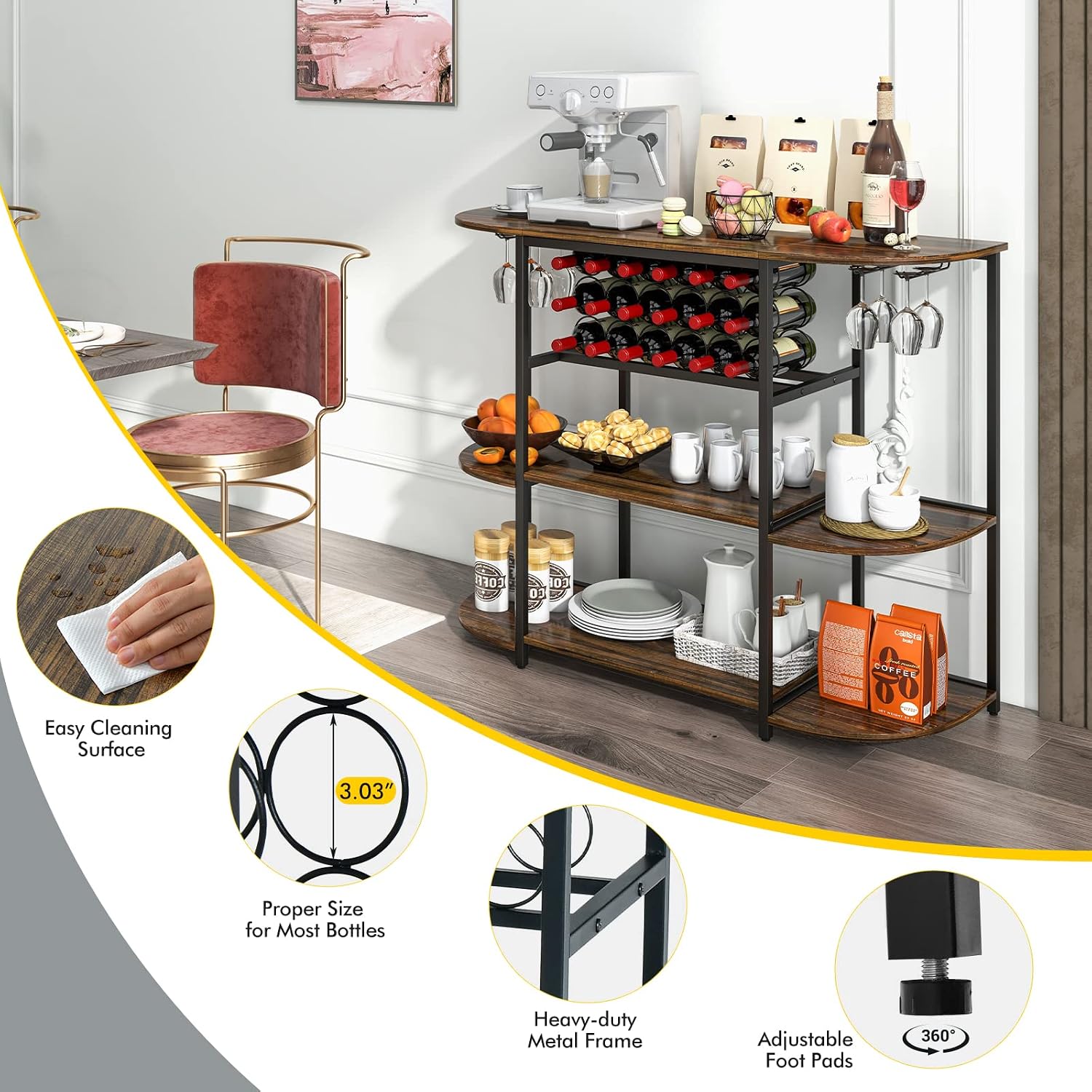 LOKO Wine Rack Table, 47 Inches Industrial Wine Bar Cabinet with Wine Rack & Glass Holders, Freestanding Floor Bar Storage Cabinet for Liquor and Glasses for Home Kitchen Dining Room (Rustic Brown)