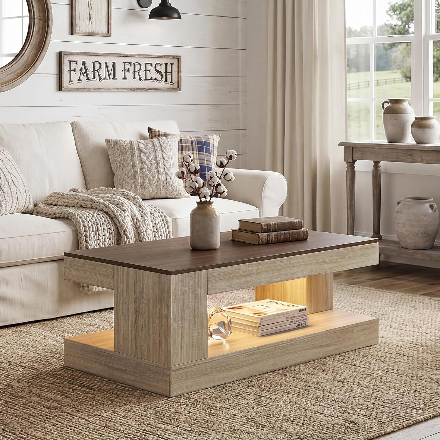 Miereirl Farmhouse Coffee Table with Storage Shelf, 2-Tier Wood Rustic Center Table with LED Light, 47” Rectangular Tea Tables for Living Room, Apartment, Office,Walnut &Light Ash White