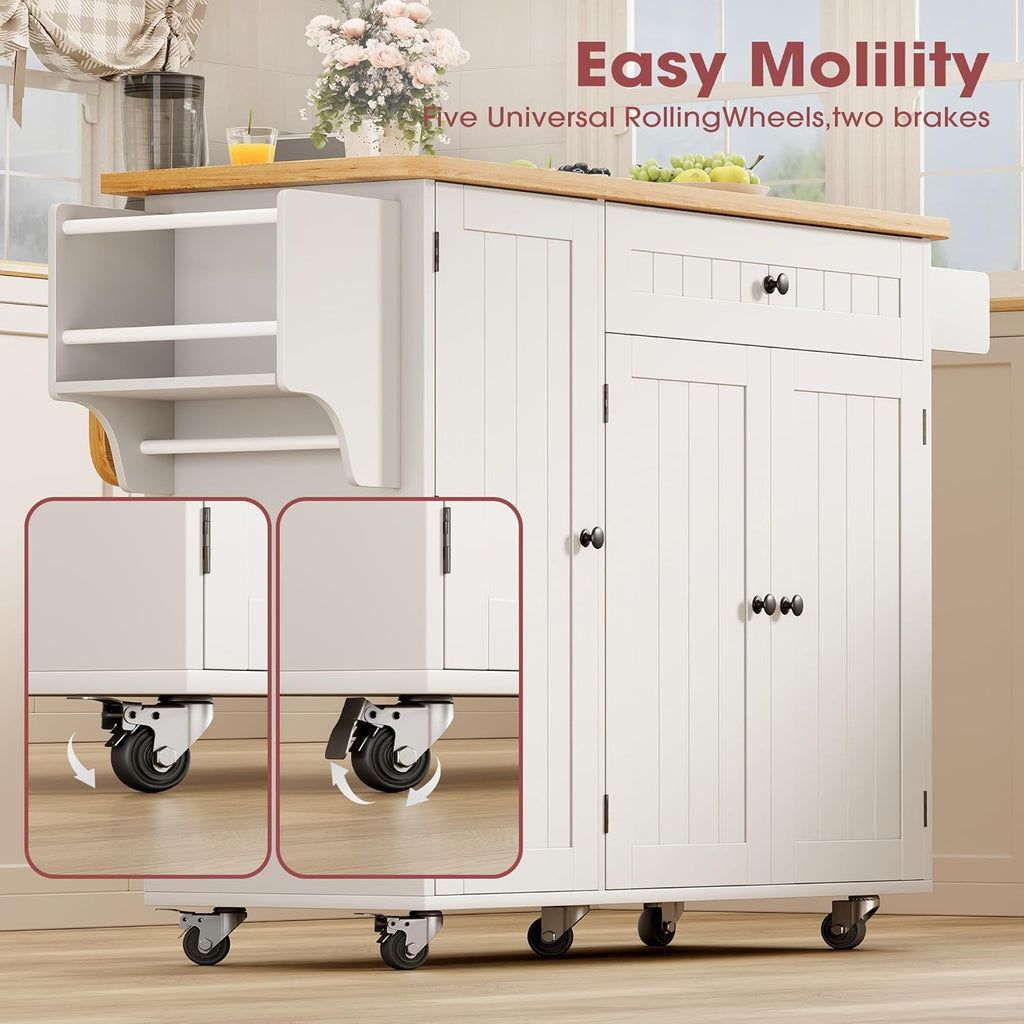 GRUSIGN Kitchen Island with Storage, 41.7" Rolling Cart with Drop Leaf, Portable Island Table on Wheels, Spice Rack, Towel Rack and Drawer, White, 41.7" L x 29.5" W