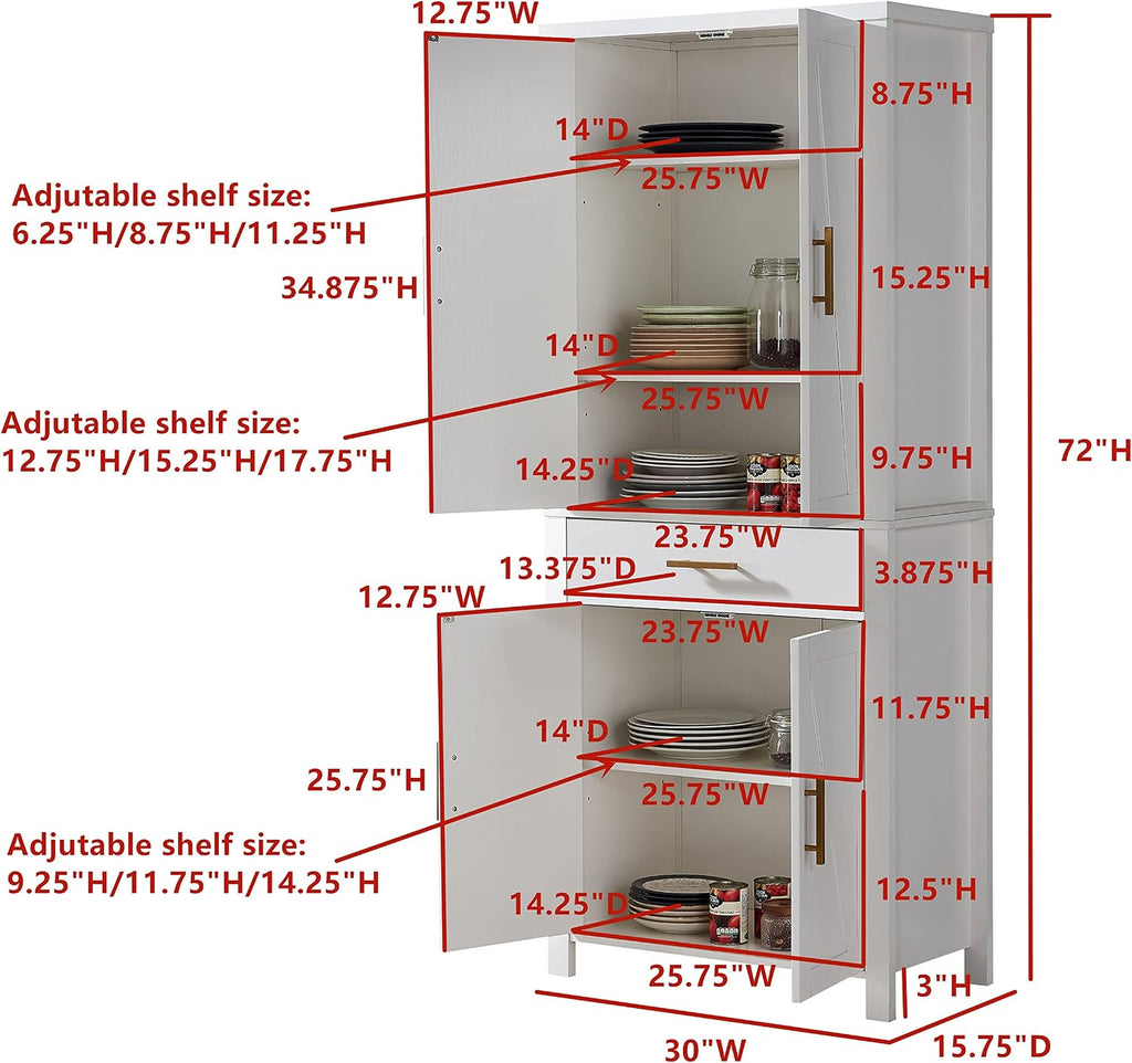Kings Brand Furniture - 72" Freestanding Kitchen Pantry Storage Cabinet Cupboard with Doors Adjustable Shelves & Drawer, White