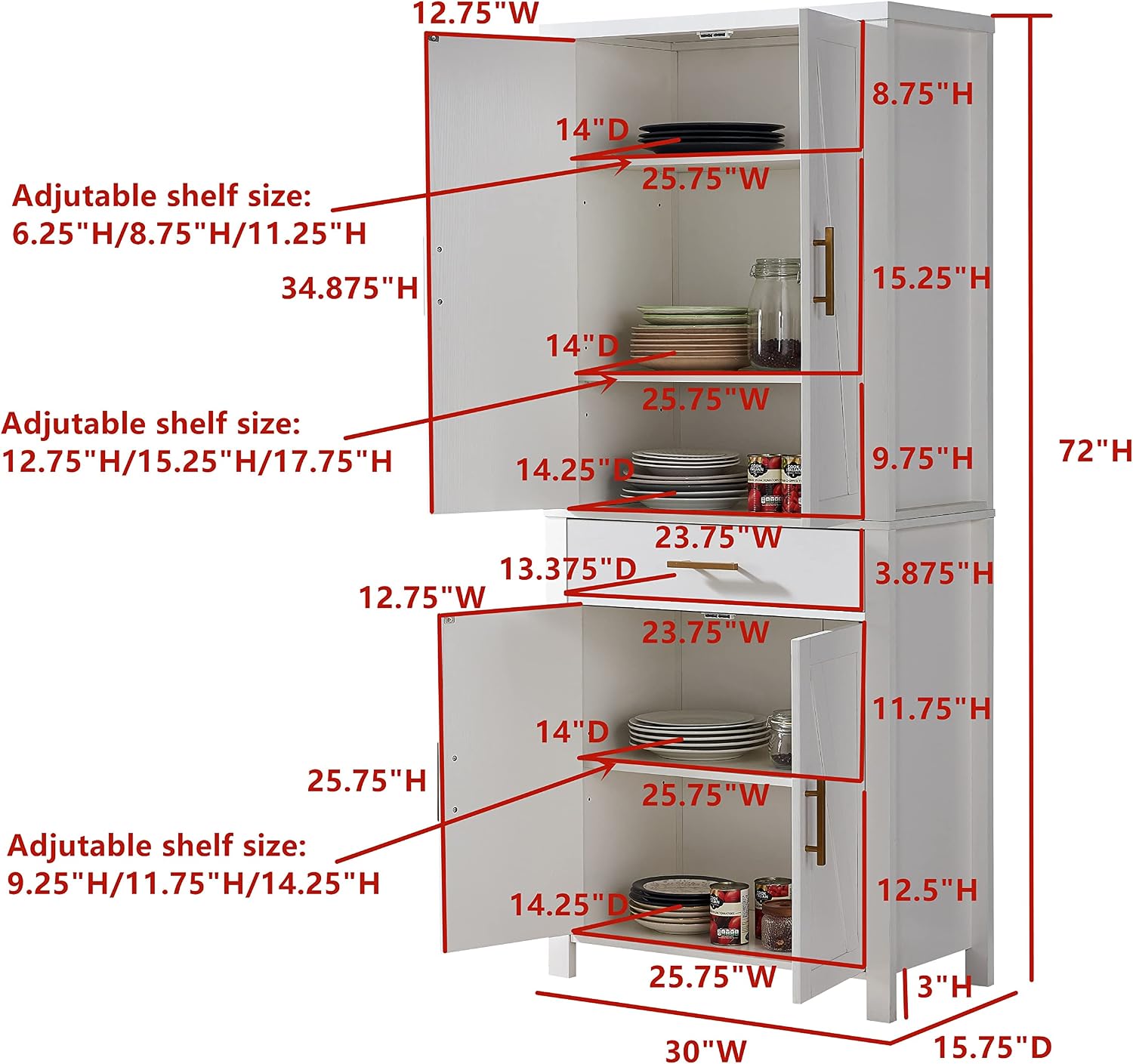 Kings Brand Furniture - 72" Freestanding Kitchen Pantry Storage Cabinet Cupboard with Doors Adjustable Shelves & Drawer, White