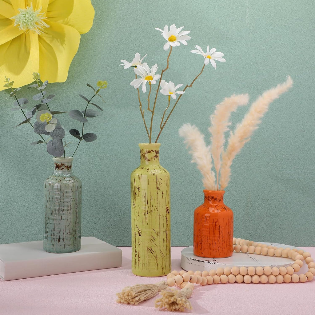 5 Pcs Rustic Country Tabletop Centerpieces Decor Set of 3 Boho Ceramic Vases with Wooden Serving Tray Wood Bead Garland Tassels Table Holder for Home Decorations(Mexican Color)
