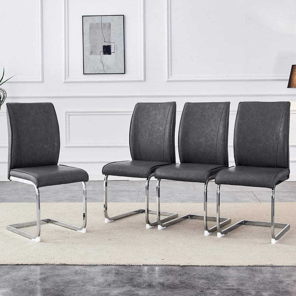 Modern Dining Chairs Set of 4, Faux Leather High Back Side Chairs Stylish Armless Chair with C-Shaped Tube Chrome Metal Legs for Dining Room Kitchen Office (Grey02-Silver Leg, Set of 4)