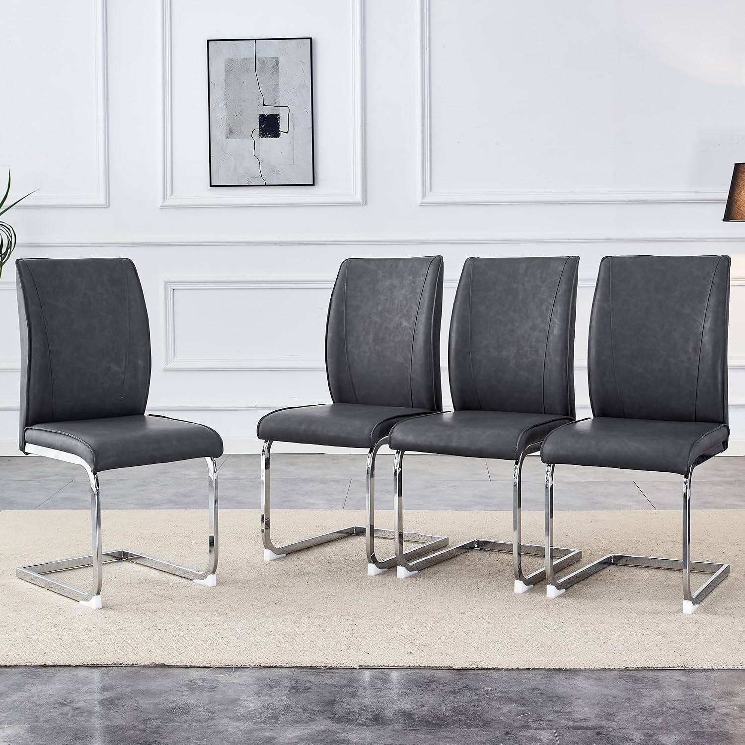 Modern Dining Chairs Set of 4, Faux Leather High Back Side Chairs Stylish Armless Chair with C-Shaped Tube Chrome Metal Legs for Dining Room Kitchen Office (Grey02-Silver Leg, Set of 4)
