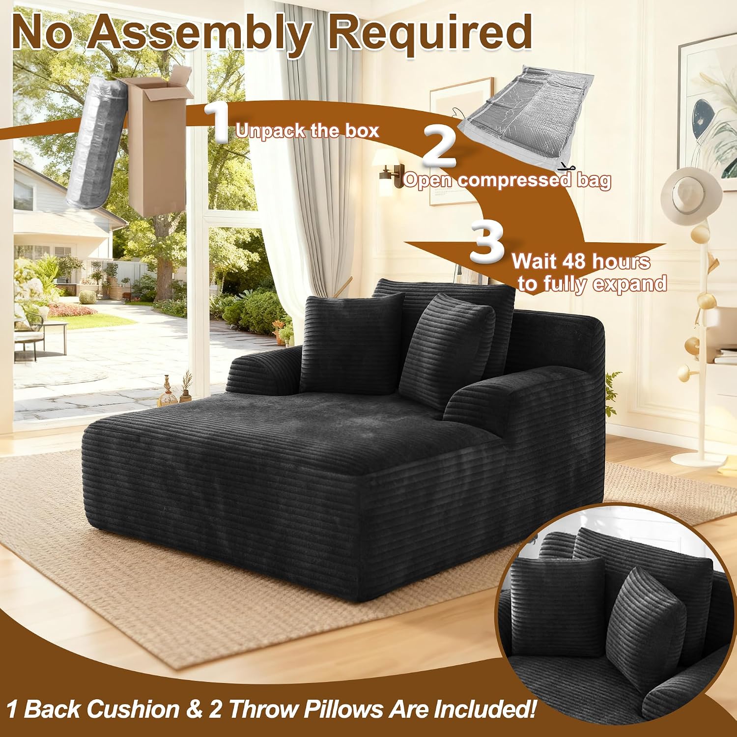 Avenix 66" Oversized Boneless Chaise Lounge Chair Indoor, Cloud Corduroy Reading Chair Deep Seat Sofa Couch Bed with 3 Pillows for Living Room, No Assembly Required, Black