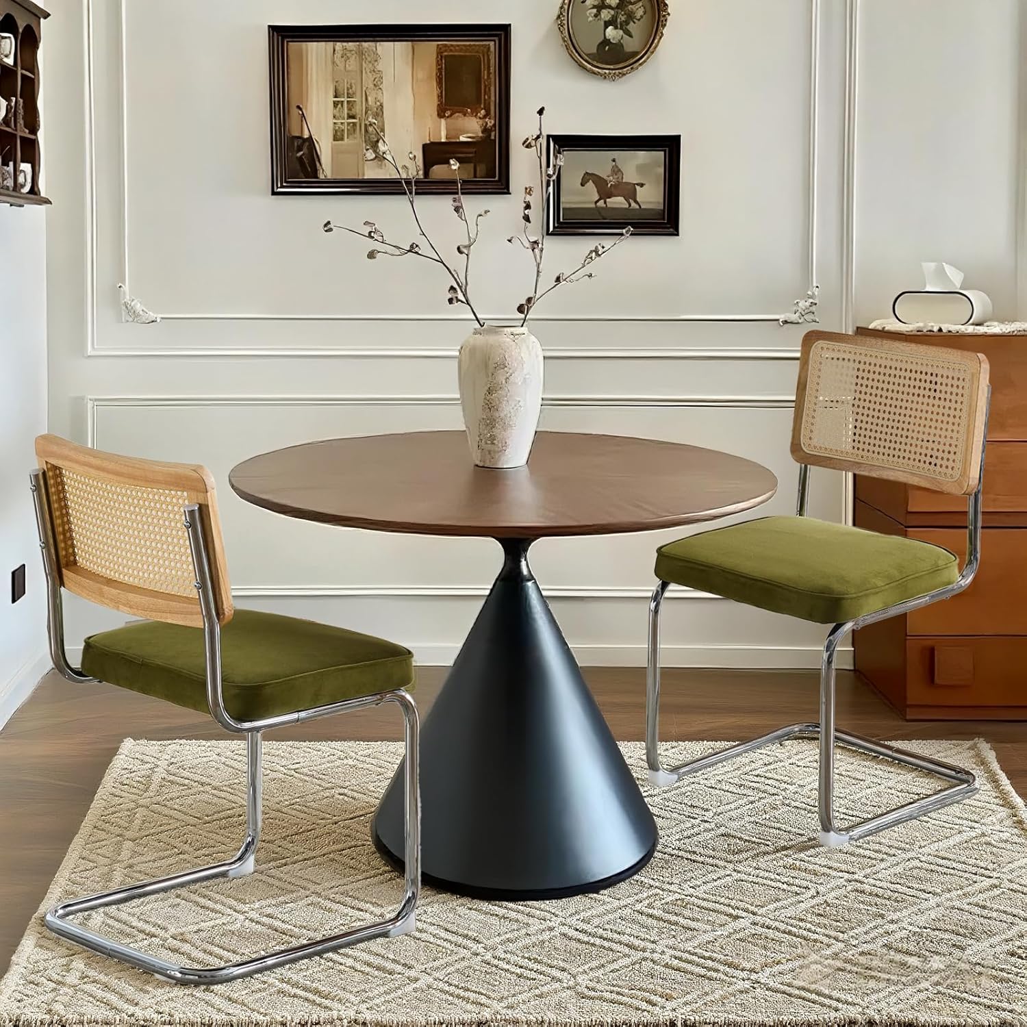 Velvet Dining Chairs Set of 2 Handwoven Rattan Back Upholstered Seat&Chrome Base Mid Century Kitchen Chair,for Dining Room,Living Room,Bedroom,Olive Green