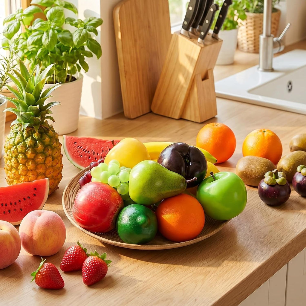 24 Pcs Artificial Fruits Pack Realistic Fake Fruit for Decoration Party Simulation Fruit Props for Photography Display Decoration Home Kitchen Lifelike Realistic Fake Fruits Strawberry, Mango, Bananas